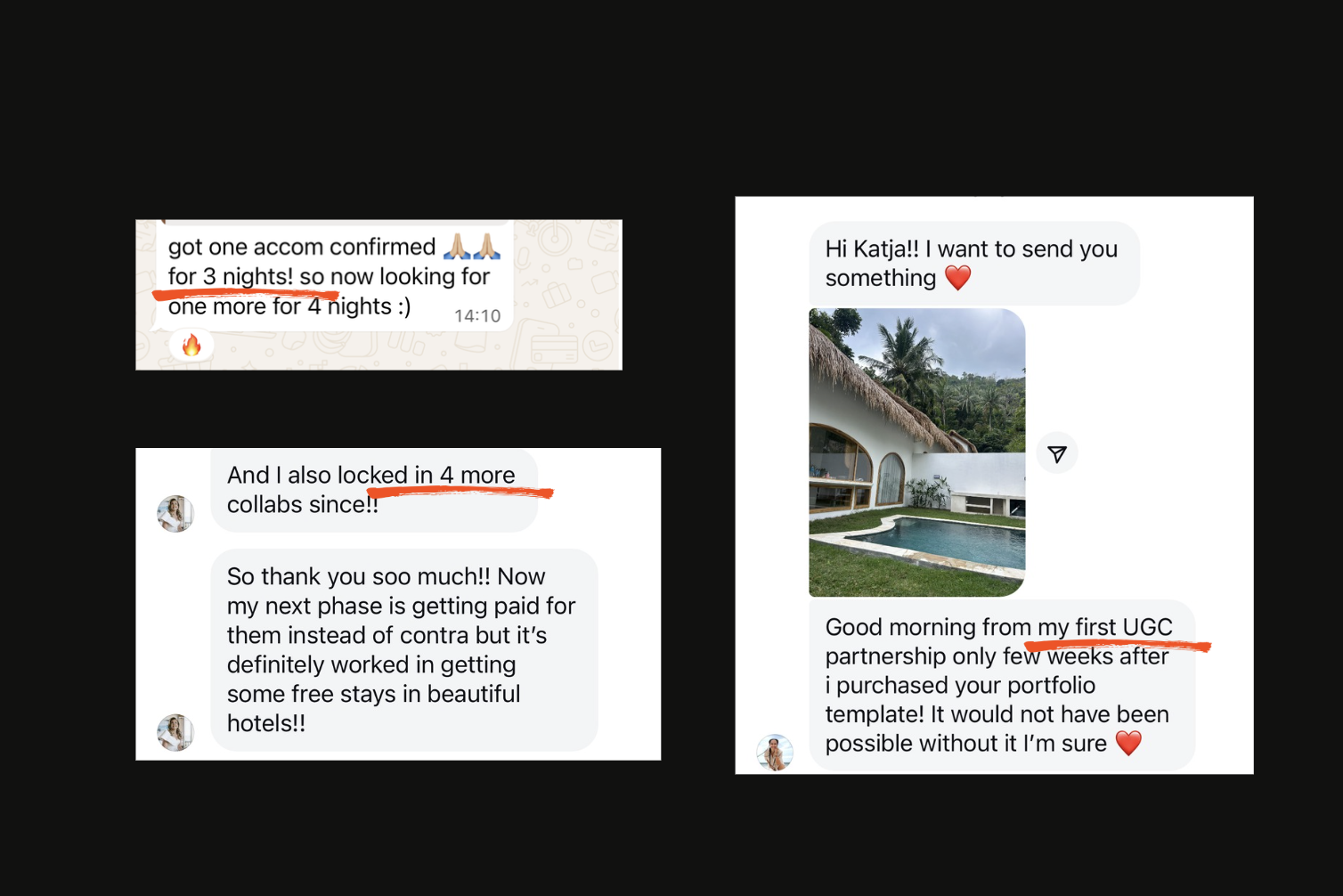 DMs — accommodation confirmed + first UGC partnership